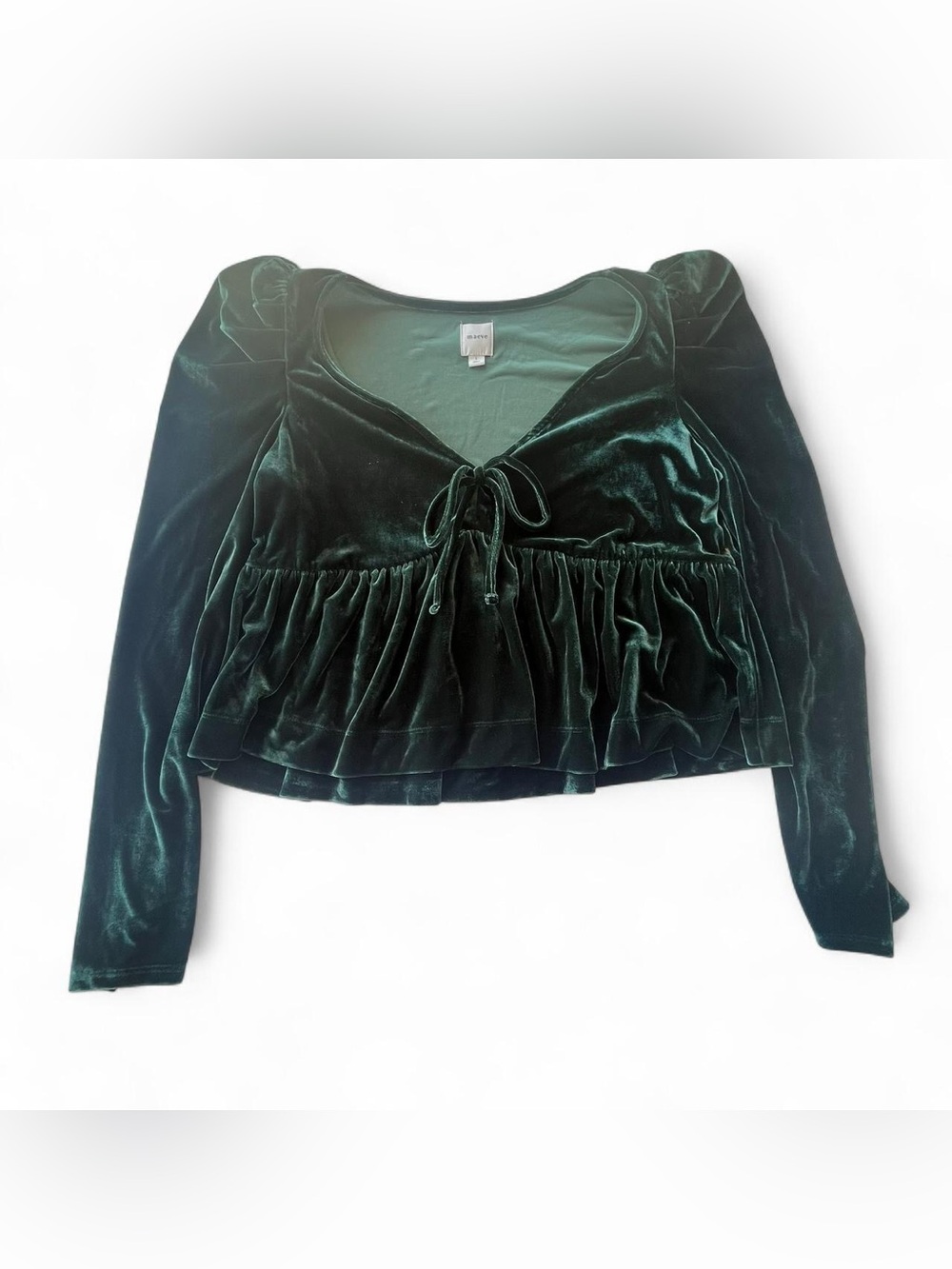 Anthropology Maeve Green Velvet Peplum Long Sleeve Top Size L Babydoll